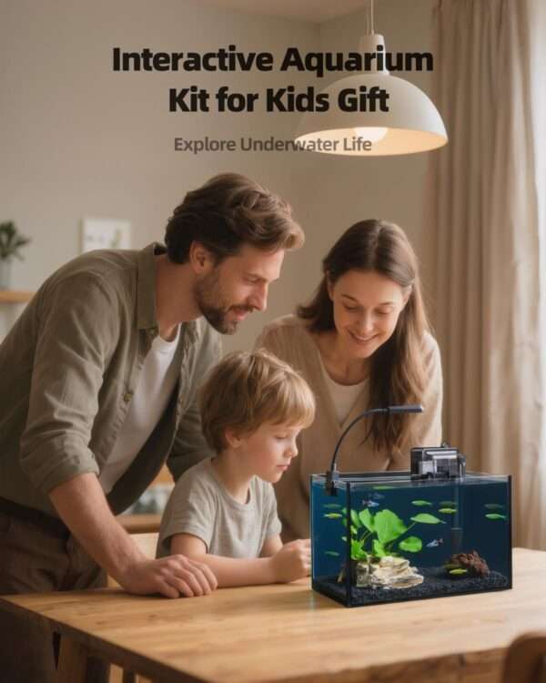 Acuario de vidrio ultra transparente (30x16x22 cm) con 91.2% de transmitancia. Diseño elegante con panel y sellos negros. Incluye filtro, luz LED y tapa ajustable.