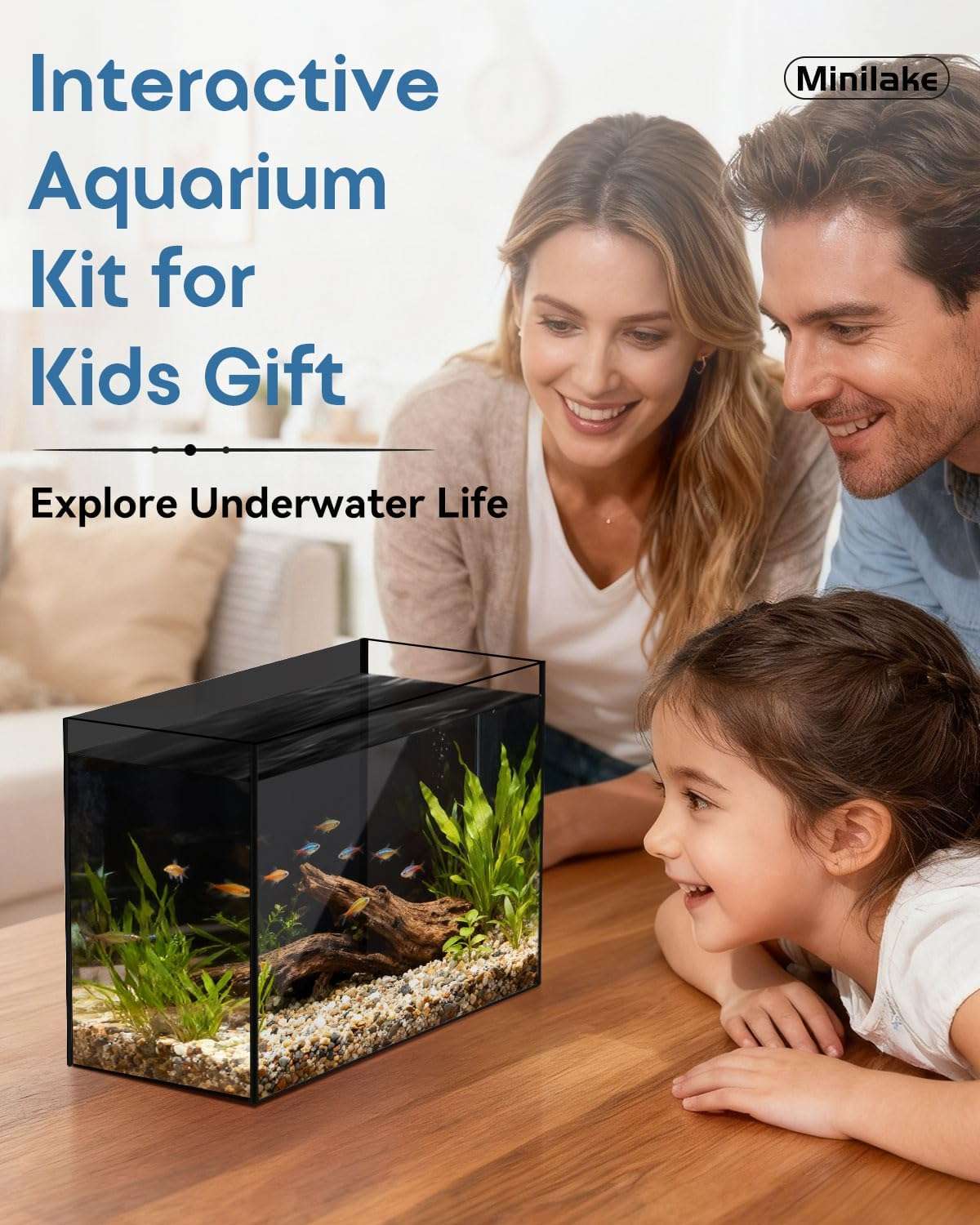 Acuario de vidrio ultra transparente (30x16x22 cm) con 91.2% de transmitancia. Diseño elegante con panel y sellos negros. Incluye filtro, luz LED y tapa ajustable.
