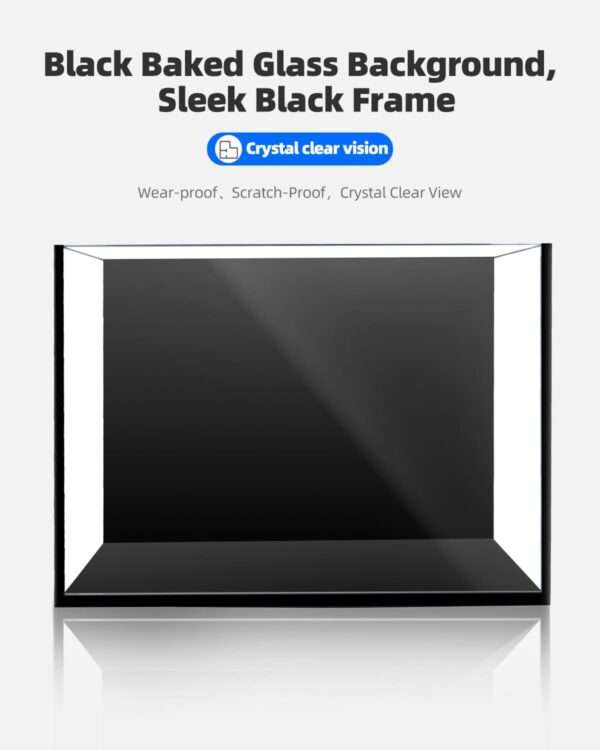 Acuario de vidrio ultra transparente (30x16x22 cm) con 91.2% de transmitancia. Diseño elegante con panel y sellos negros. Incluye filtro, luz LED y tapa ajustable.