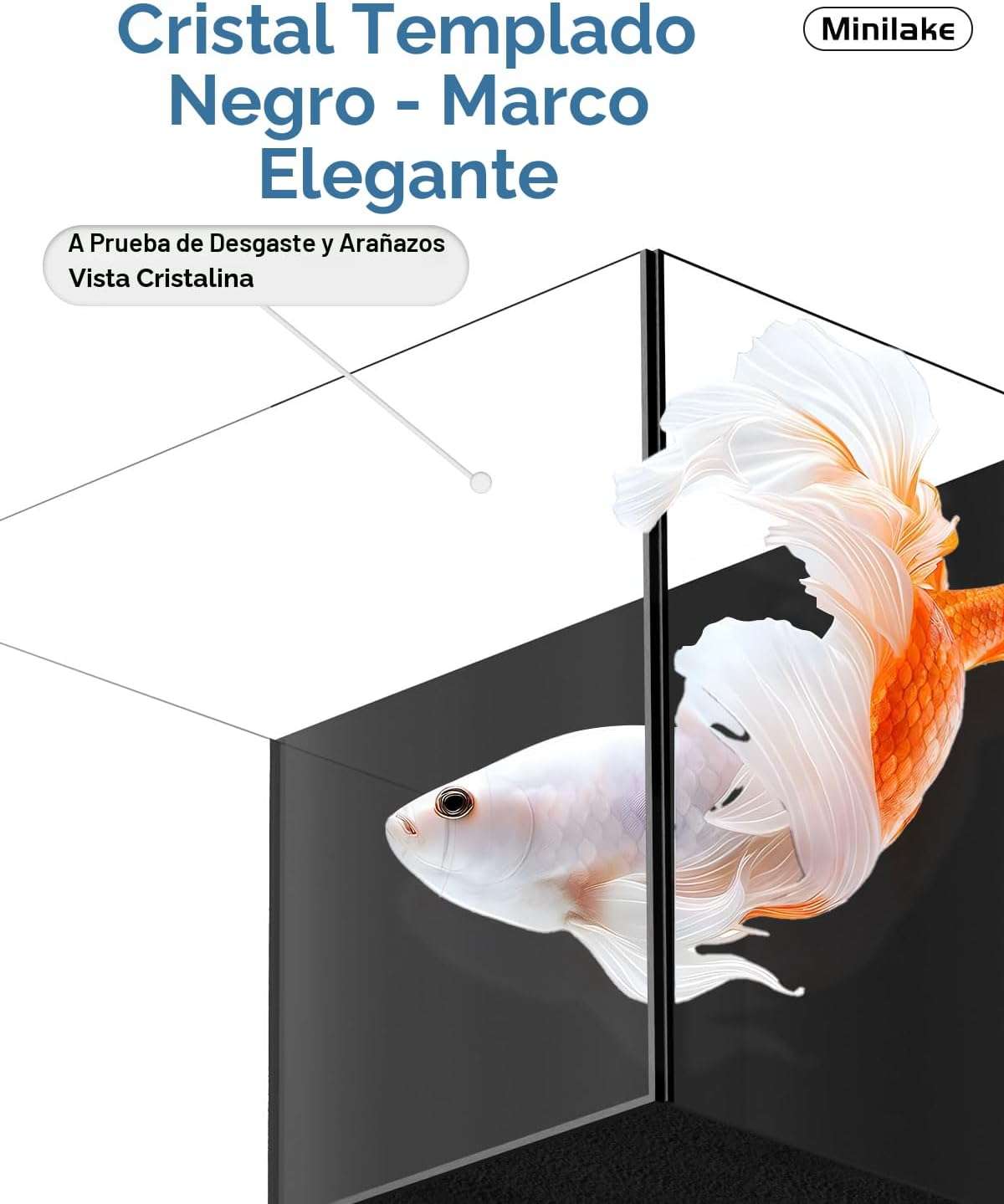 Acuario de vidrio ultra transparente (30x16x22 cm) con 91.2% de transmitancia. Diseño elegante con panel y sellos negros. Incluye filtro, luz LED y tapa ajustable.