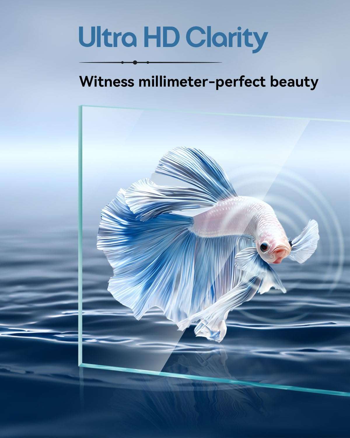 Acuario de vidrio ultra transparente (30x16x22 cm) con 91.2% de transmitancia. Diseño elegante con panel y sellos negros. Incluye filtro, luz LED y tapa ajustable.