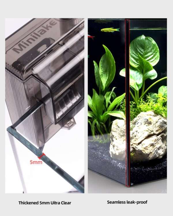 Acuario de vidrio ultra transparente (30x16x22 cm) con 91.2% de transmitancia. Diseño elegante con panel y sellos negros. Incluye filtro, luz LED y tapa ajustable.