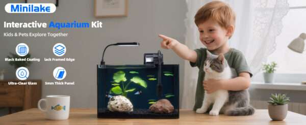 Acuario de vidrio ultra transparente (30x16x22 cm) con 91.2% de transmitancia. Diseño elegante con panel y sellos negros. Incluye filtro, luz LED y tapa ajustable.