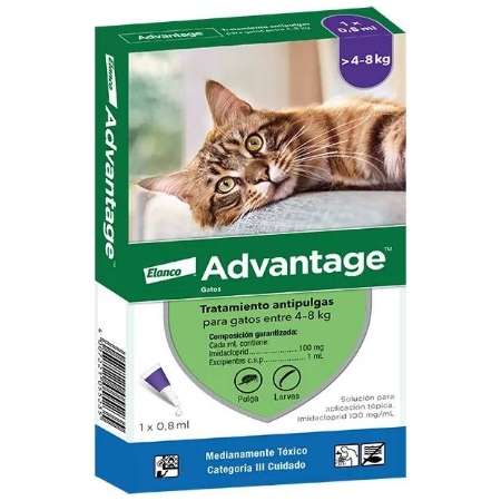 Advantage Gatos hasta 4 kg. Pipeta antipulgas de uso topico con Imidacloprid. Elimina pulgas y protege por cuatro semanas.