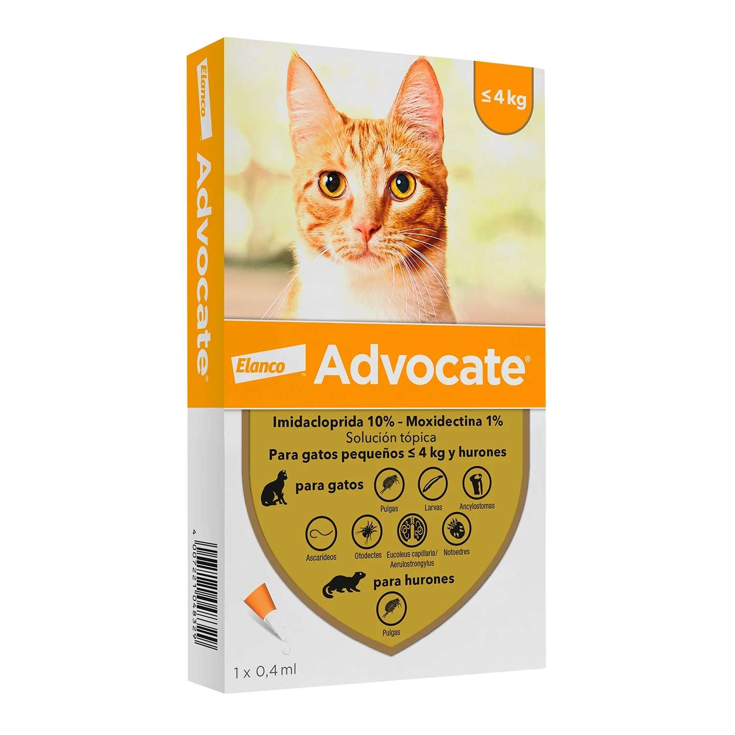 Pipeta Advocate Gatos hasta 4 kg. Antiparasitario topico interno y externo con Imidacloprida 10 por ciento y Moxidectina 1 por ciento.