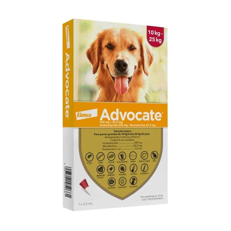 Pipeta Advocate para Perros (10 a 25 kg). Antiparasitario interno y externo con Imidacloprida y Moxidectina. Proteccion mensual.