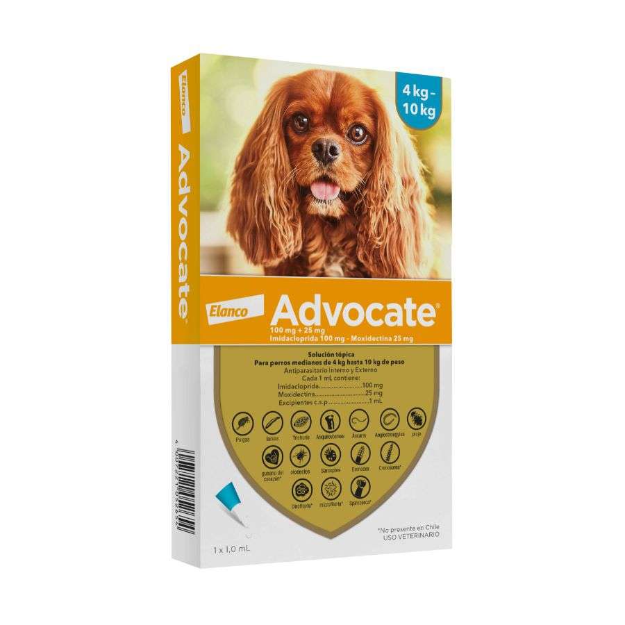 Pipeta Advocate para Perros (4 a 10 kg). Antiparasitario topico con Imidacloprid y Moxidectina. Control de pulgas, sarna y gusano del corazon.