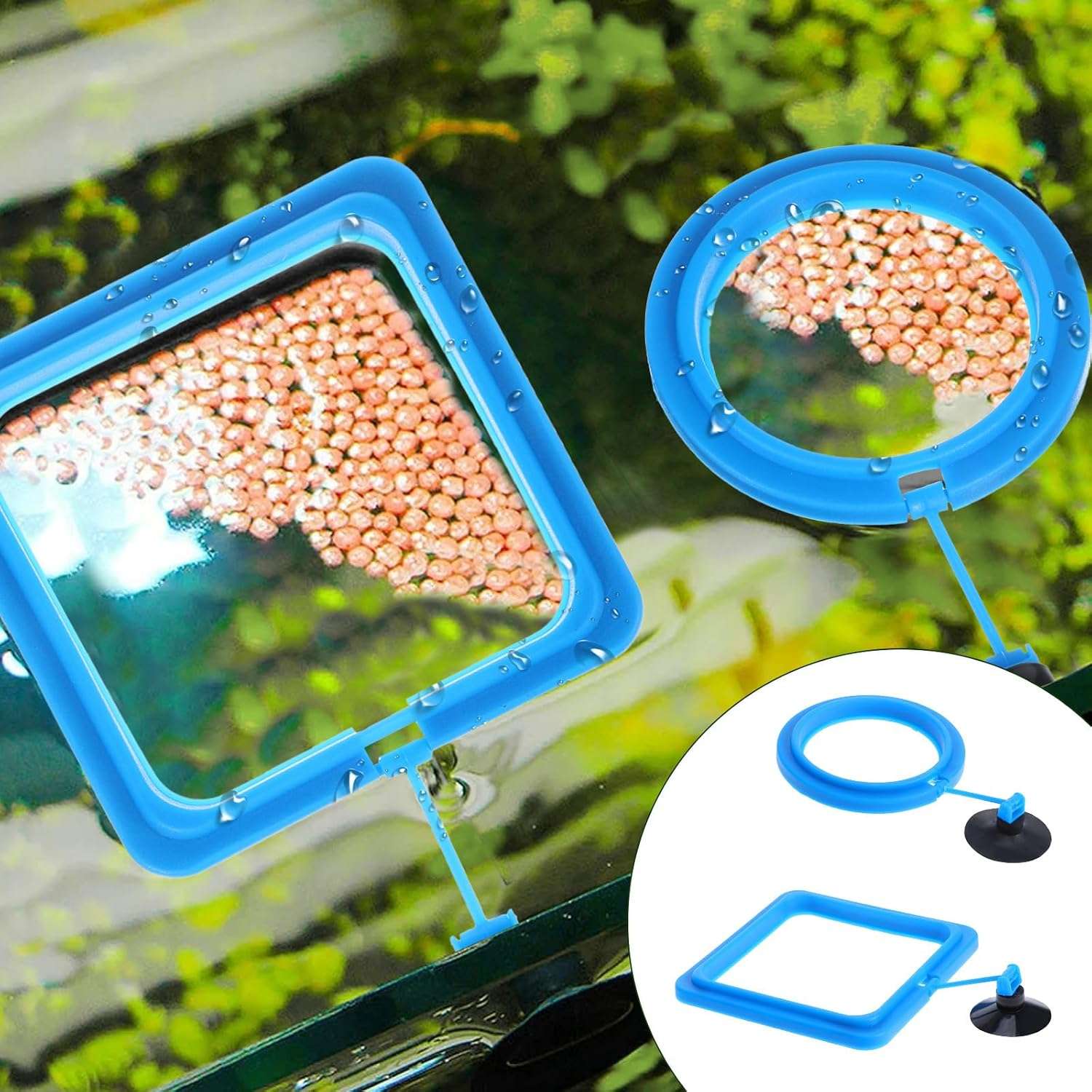 Anillo de alimentación flotante redondo o cuadrado para acuario. Fabricado en goma PVC no tóxica, con ventosa de fijación y enlace flexible que se ajusta automáticamente al nivel del agua