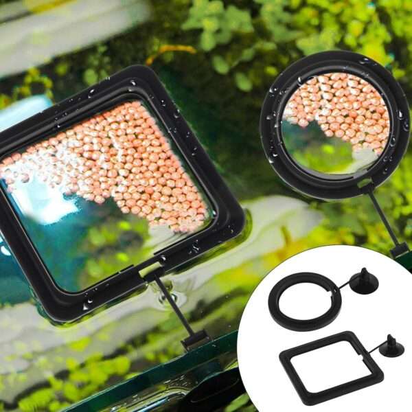 Anillo de alimentación flotante redondo o cuadrado para acuario. Fabricado en goma PVC no tóxica, con ventosa de fijación y enlace flexible que se ajusta automáticamente al nivel del agua.