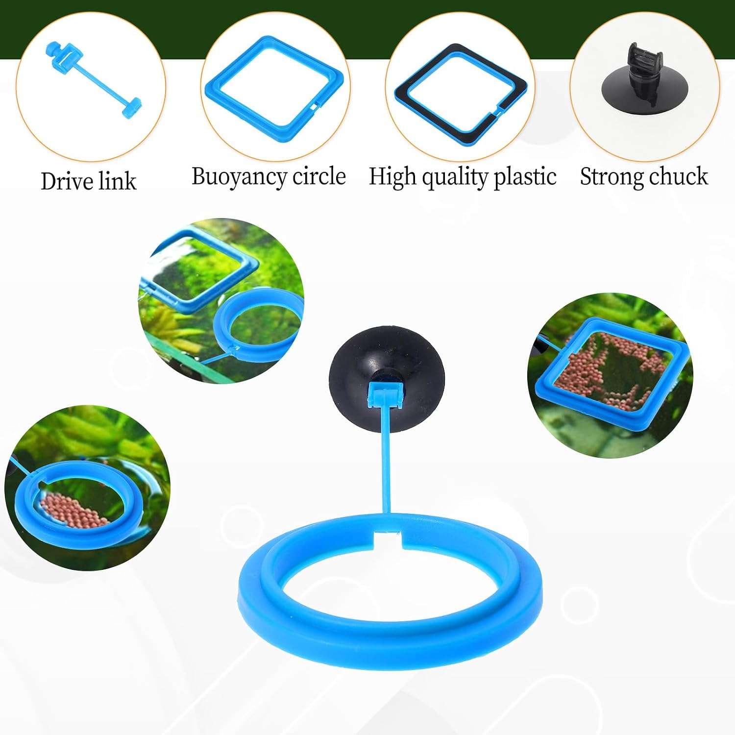 Anillo de alimentación flotante redondo o cuadrado para acuario. Fabricado en goma PVC no tóxica, con ventosa de fijación y enlace flexible que se ajusta automáticamente al nivel del agua
