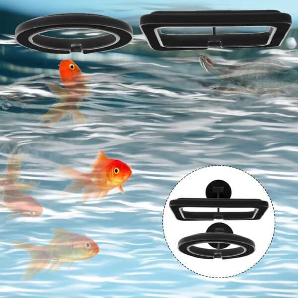Anillo de alimentación flotante redondo o cuadrado para acuario. Fabricado en goma PVC no tóxica, con ventosa de fijación y enlace flexible que se ajusta automáticamente al nivel del agua.