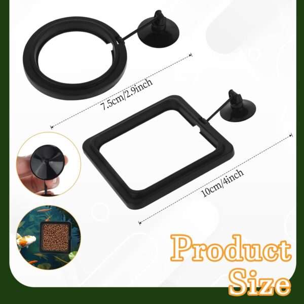 Anillo de alimentación flotante redondo o cuadrado para acuario. Fabricado en goma PVC no tóxica, con ventosa de fijación y enlace flexible que se ajusta automáticamente al nivel del agua.