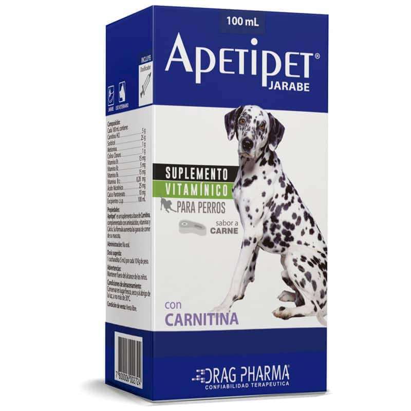 Apetipet Jarabe Drag Pharma. Suplemento vitamínico líquido sabor carne para perros. Estimula el apetito con Carnitina y aminoácidos.