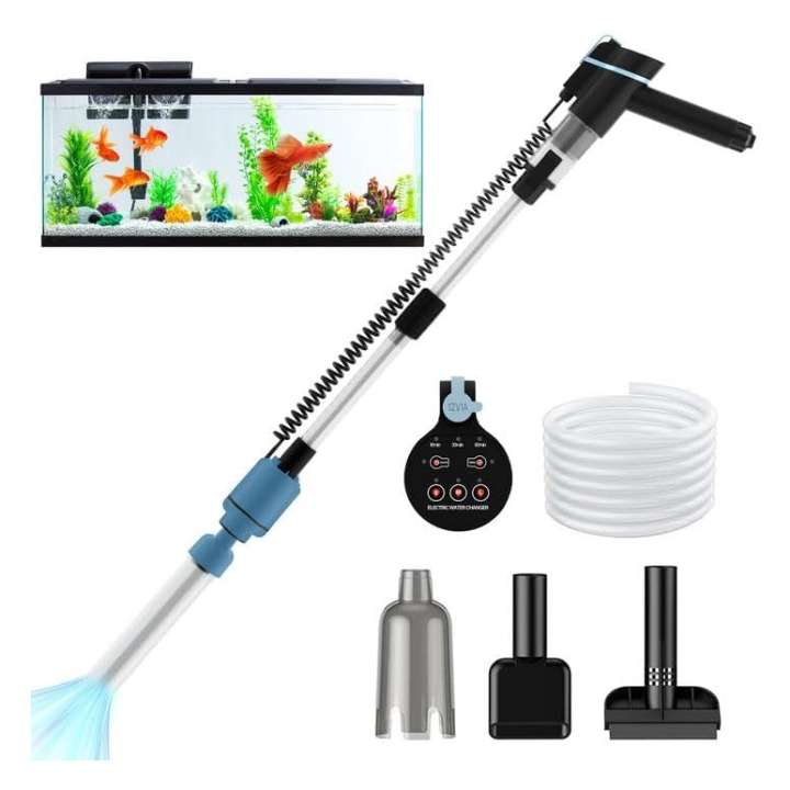 Aspiradora eléctrica de grava BOSTANA 6 en 1 para acuarios. Motor ajustable de 24W, con filtración triple integrada y accesorios para limpiar, cambiar agua y recircular.