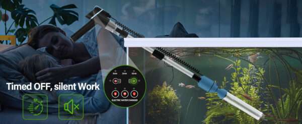 Aspiradora eléctrica de grava BOSTANA 6 en 1 para acuarios. Motor ajustable de 24W, con filtración triple integrada y accesorios para limpiar, cambiar agua y recircular.