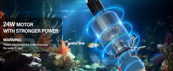 Aspiradora eléctrica de grava BOSTANA 6 en 1 para acuarios. Motor ajustable de 24W, con filtración triple integrada y accesorios para limpiar, cambiar agua y recircular.