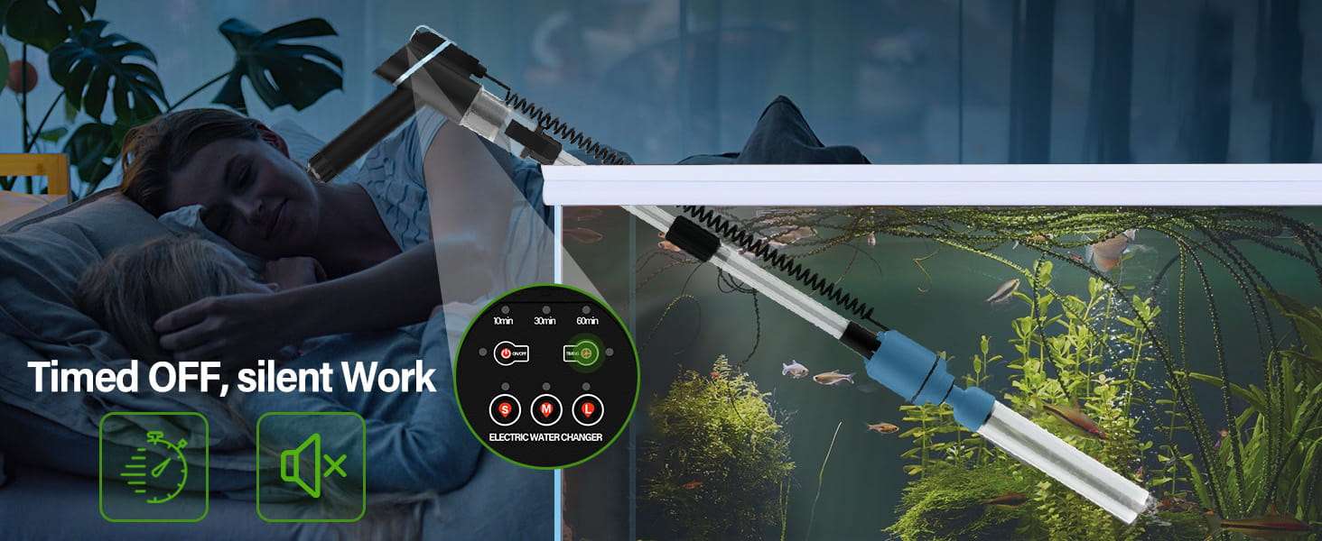 Aspiradora eléctrica de grava BOSTANA 6 en 1 para acuarios. Motor ajustable de 24W, con filtración triple integrada y accesorios para limpiar, cambiar agua y recircular.