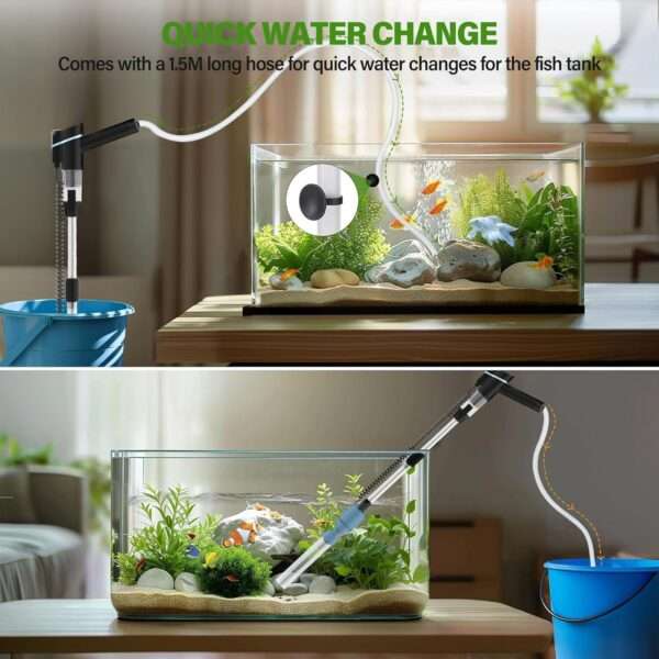 Aspiradora eléctrica de grava BOSTANA 6 en 1 para acuarios. Motor ajustable de 24W, con filtración triple integrada y accesorios para limpiar, cambiar agua y recircular.