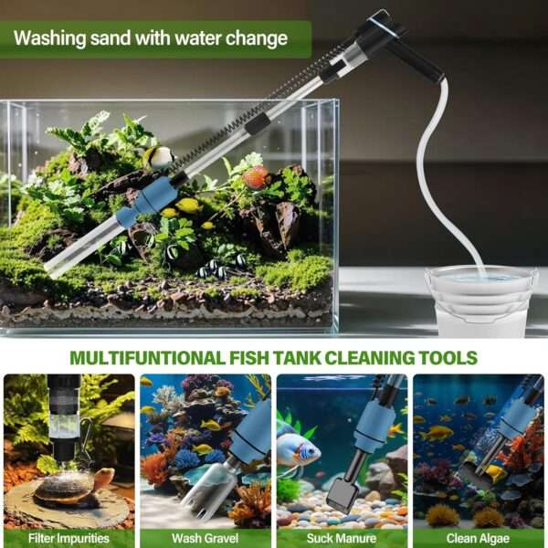 Aspiradora eléctrica de grava BOSTANA 6 en 1 para acuarios. Motor ajustable de 24W, con filtración triple integrada y accesorios para limpiar, cambiar agua y recircular.