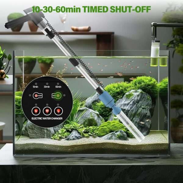 Aspiradora eléctrica de grava BOSTANA 6 en 1 para acuarios. Motor ajustable de 24W, con filtración triple integrada y accesorios para limpiar, cambiar agua y recircular.