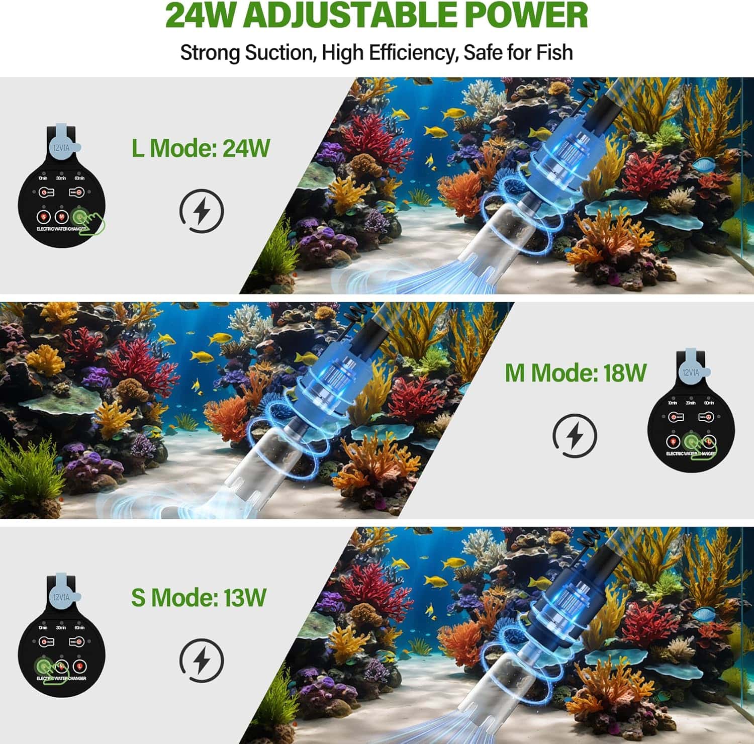Aspiradora eléctrica de grava BOSTANA 6 en 1 para acuarios. Motor ajustable de 24W, con filtración triple integrada y accesorios para limpiar, cambiar agua y recircular.