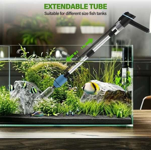 Aspiradora eléctrica de grava BOSTANA 6 en 1 para acuarios. Motor ajustable de 24W, con filtración triple integrada y accesorios para limpiar, cambiar agua y recircular.