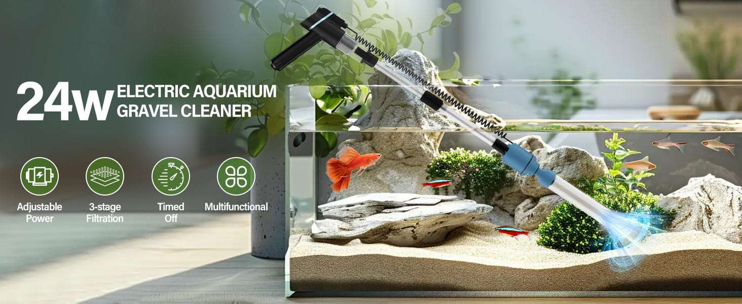 Aspiradora eléctrica de grava BOSTANA 6 en 1 para acuarios. Motor ajustable de 24W, con filtración triple integrada y accesorios para limpiar, cambiar agua y recircular.