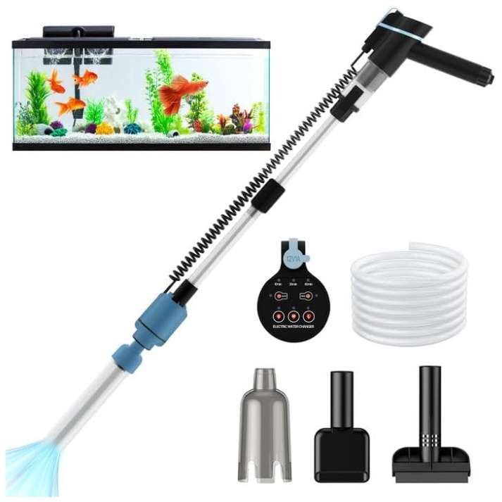 Aspiradora eléctrica de grava BOSTANA 6 en 1 para acuarios. Motor ajustable de 24W, con filtración triple integrada y accesorios para limpiar, cambiar agua y recircular.