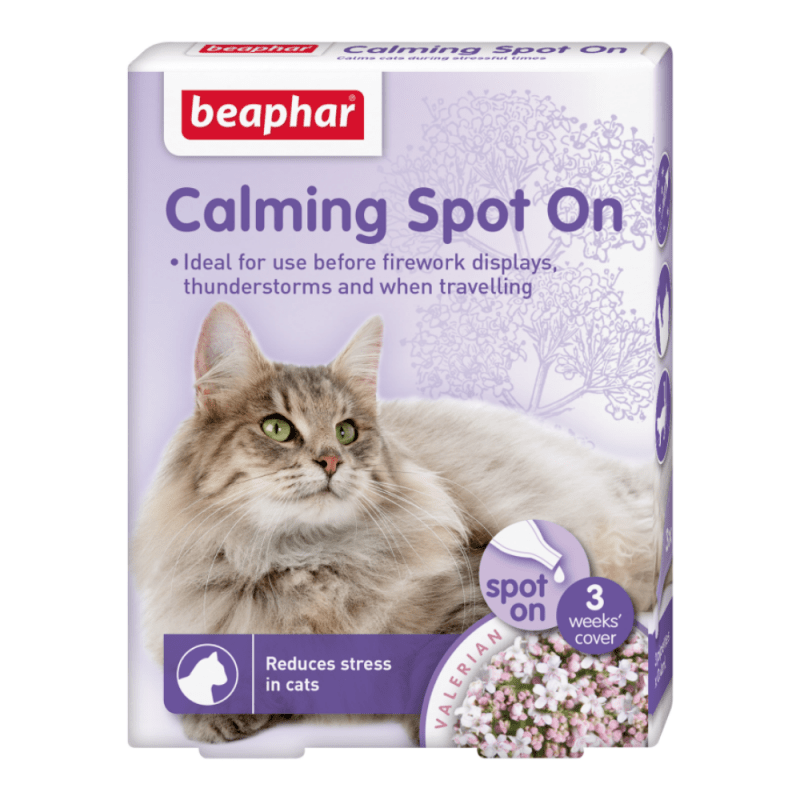 Beaphar Calming Spot On para gatos. Remedio natural con extracto de valeriana. Reduce estrés y ansiedad por una semana. Tres pipetas.