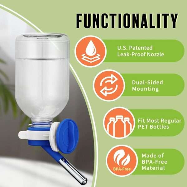 Bebedero Antifugas Patentado de 300 ml con Boquilla Mini (10 mm). Compatible con Botellas PET Estándar. Ideal para Hámster, Cuy y Conejo.