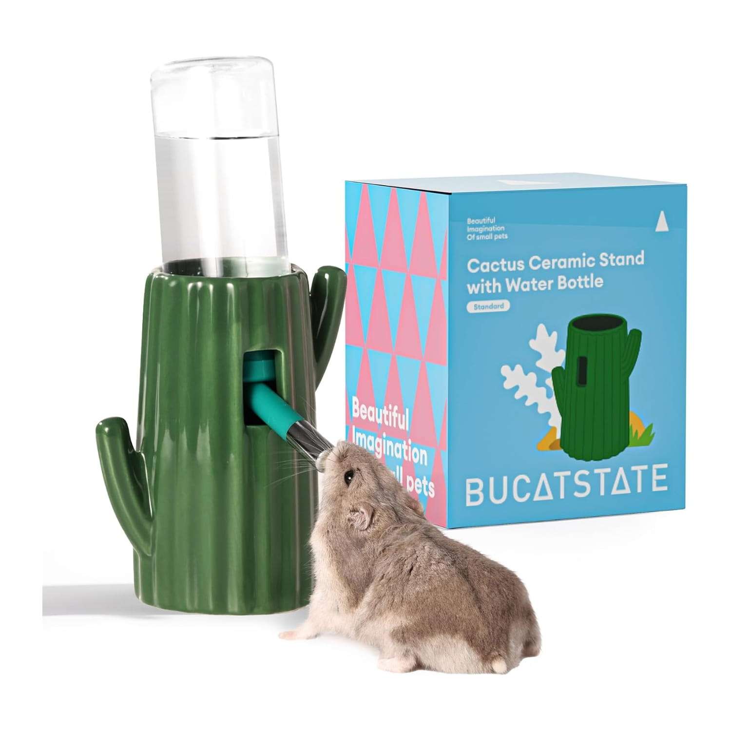 Bebedero Antifugas Temático Cactus para Hámster y Jerbos. Base de Cerámica Estable con diseño de Desierto y botella de 118 ml.