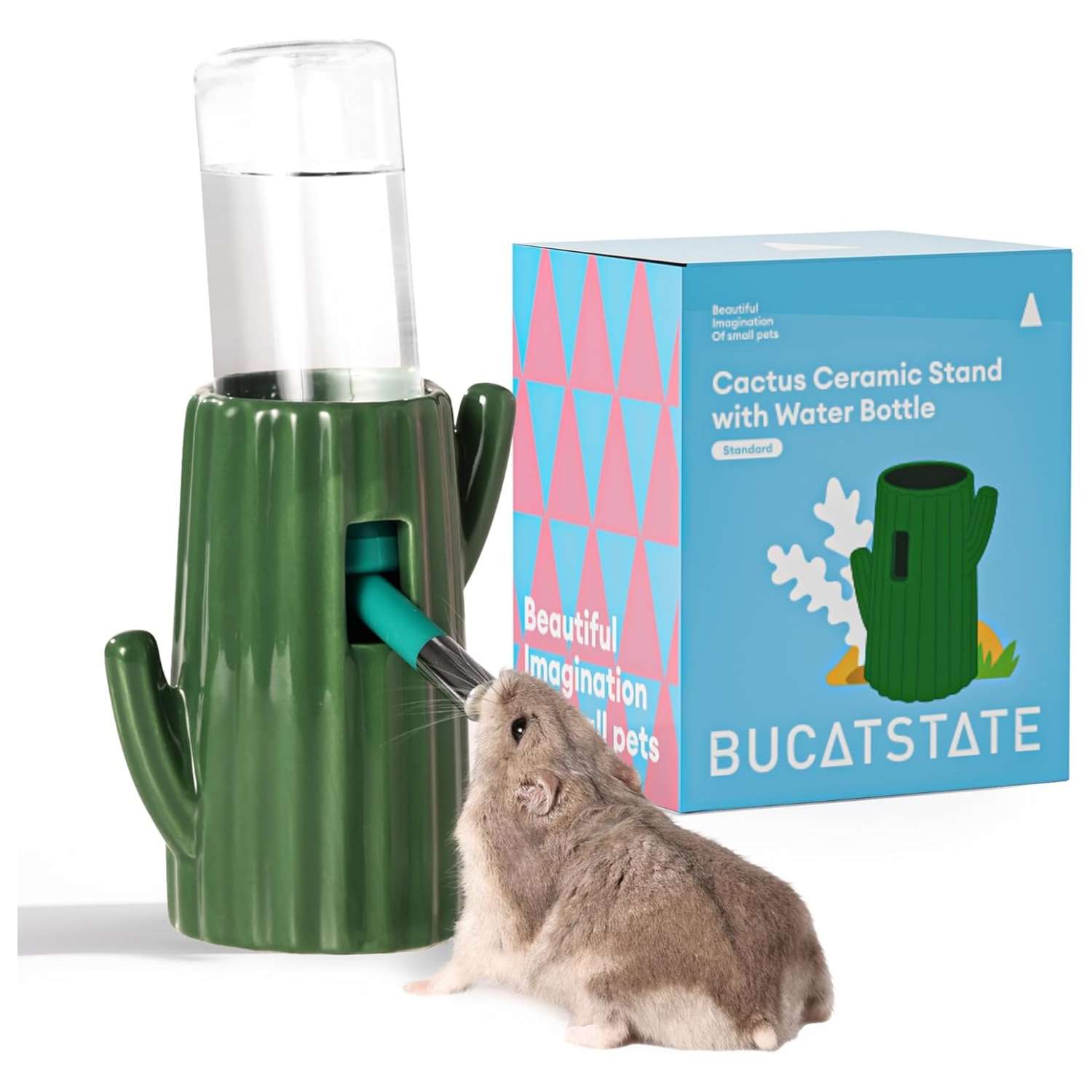 Bebedero Antifugas Temático Cactus para Hámster y Jerbos. Base de Cerámica Estable con diseño de Desierto y botella de 118 ml.