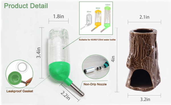 Bebedero Antifugas de Cerámica (80 ml) para Hámster Enano. Diseño 2 en 1 con Escondite / Túnel y altura Ajustable.