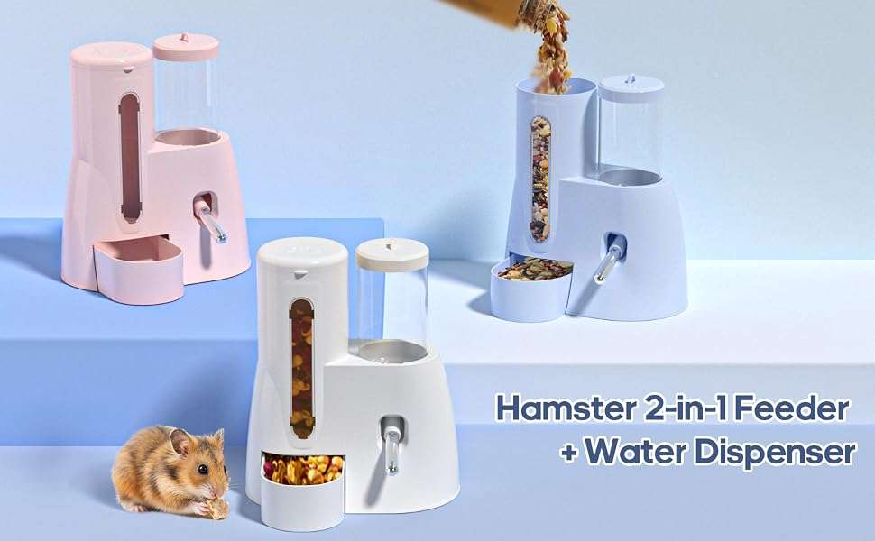 Bebedero y Comedero Automático 2 en 1 para Hámster y Roedores. Dispensador de Agua (4.2 oz) y Alimento (10.1 oz). Diseño Ahorra Espacio.