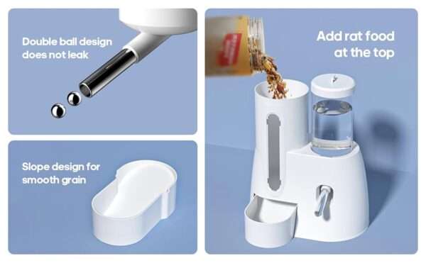 Bebedero y Comedero Automático 2 en 1 para Hámster y Roedores. Dispensador de Agua (4.2 oz) y Alimento (10.1 oz). Diseño Ahorra Espacio.