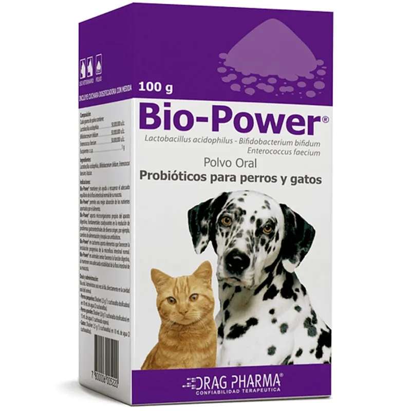 Bio-Power Polvo Probiótico 100g de Drag Pharma. Suplemento con Lactobacillus y Bifidobacterium para flora intestinal de perros y gatos.