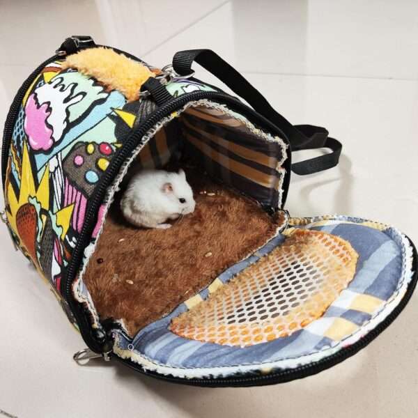 Bolso Transportador de Lona y Terciopelo (18x18x15 cm) para Hámster y Erizo. Cálido, Portátil y con Malla Transpirable superior.