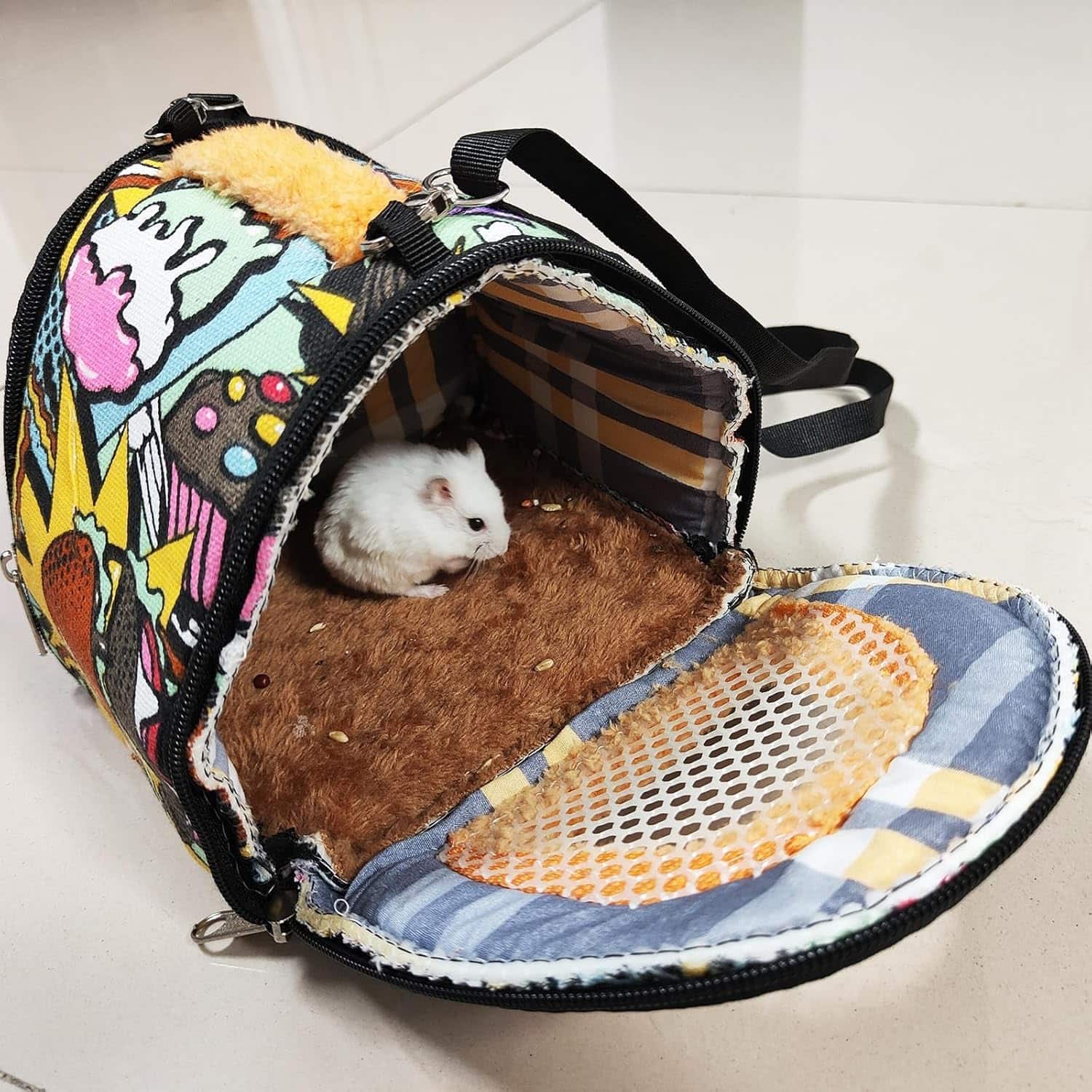 Bolso Transportador de Lona y Terciopelo (18x18x15 cm) para Hámster y Erizo. Cálido, Portátil y con Malla Transpirable superior.