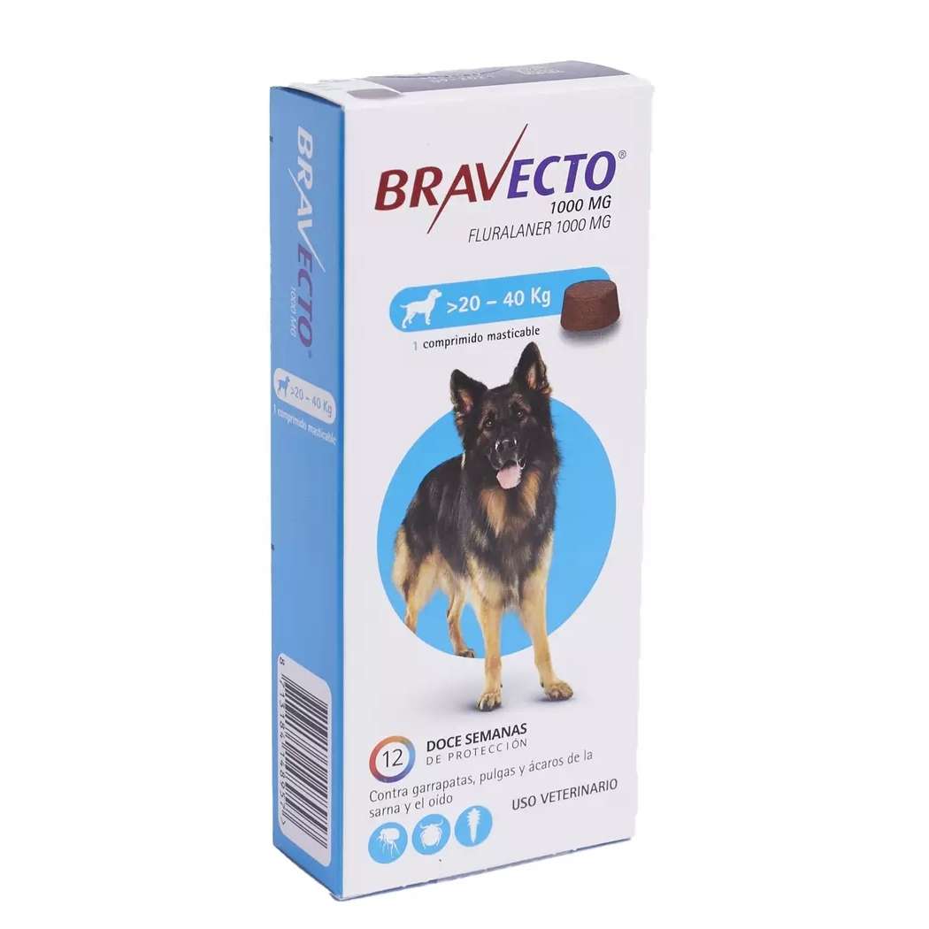 Bravecto 1000 mg (Fluralaner). Comprimido masticable antiparasitario para perros grandes de 20 a 40 kg. Proteccion de 12 semanas.
