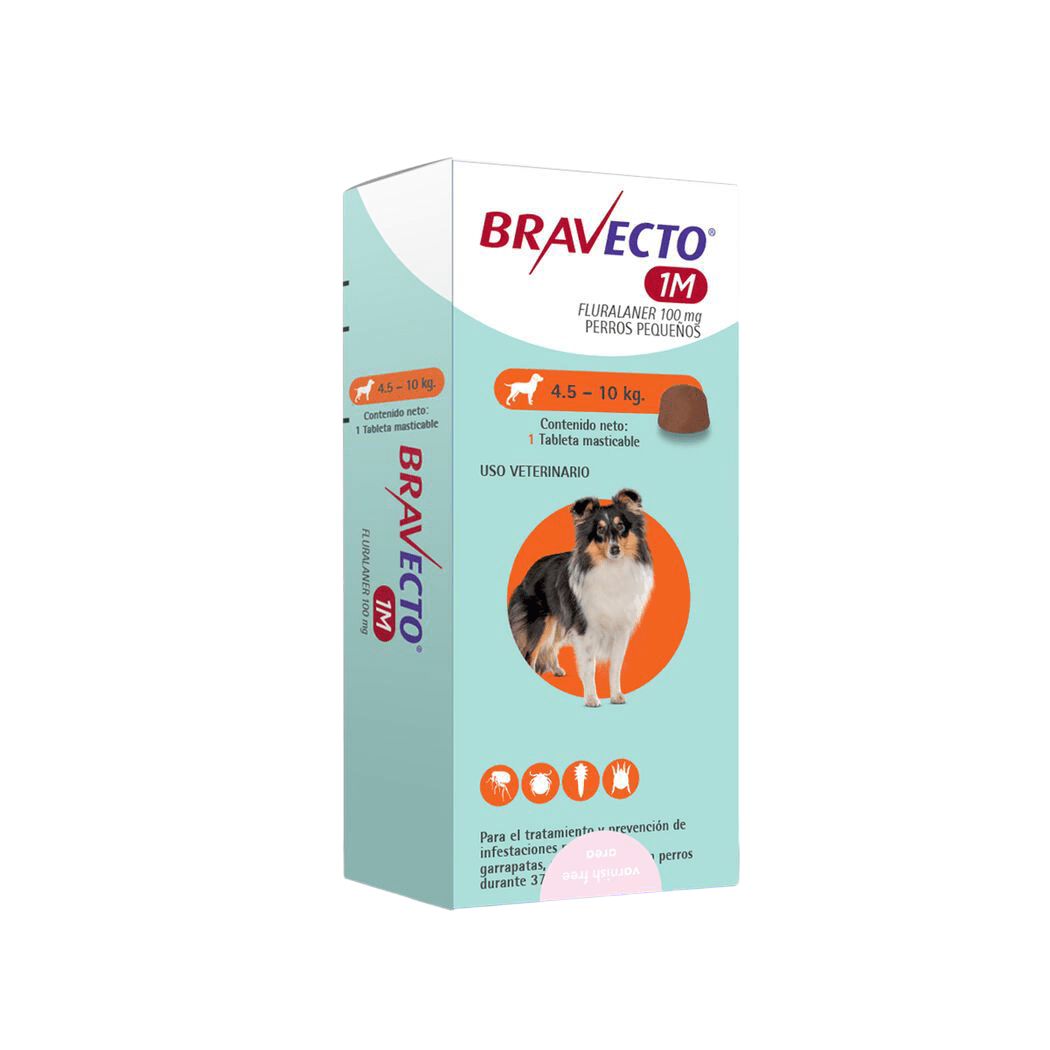 Bravecto 1M 100 mg. Tableta masticable antiparasitaria para perros pequeños de 4.5 a 10 kg. Ofrece 37 días de protección contra pulgas, garrapatas y ácaros.