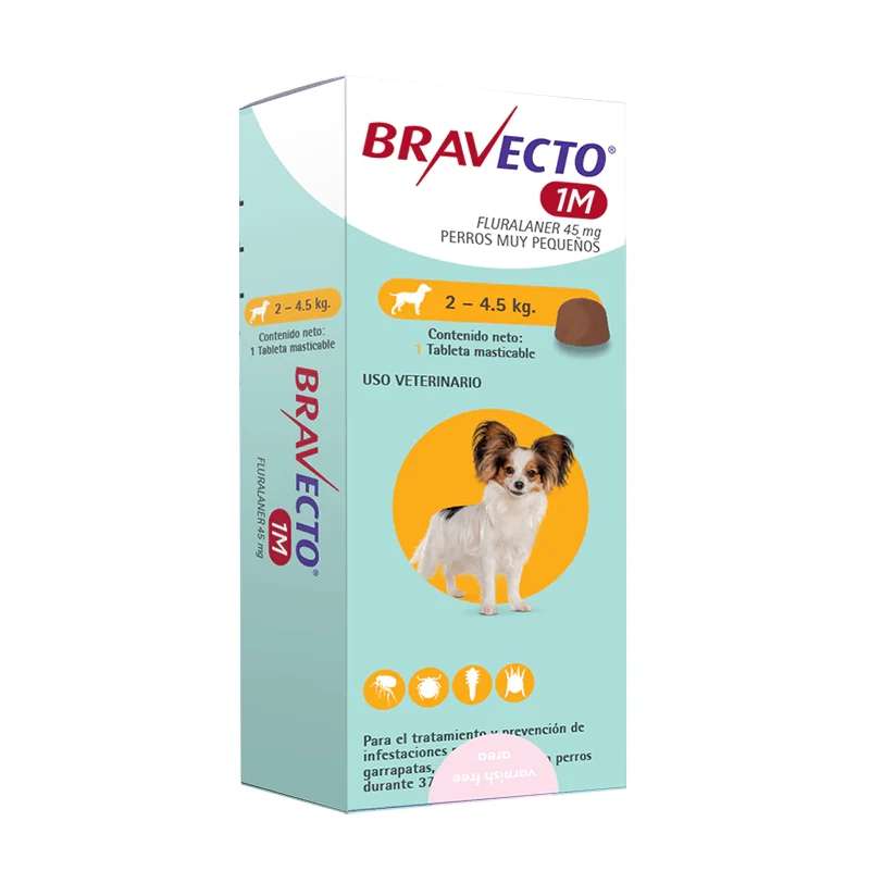 Bravecto 1M 45 mg. Tableta antiparasitaria oral para perros muy pequeños y cachorros de 2 a 4.5 kg. Ofrece 37 días de protección.