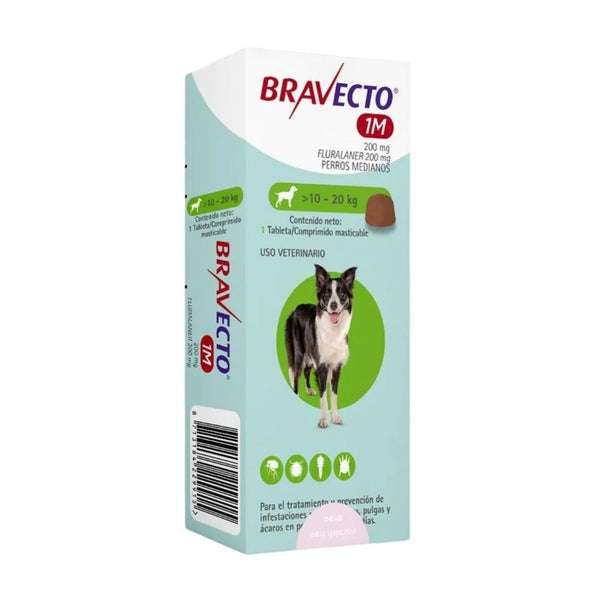 Bravecto 1M, tableta antiparasitaria oral para perros medianos de 10 a 20 kg. Ofrece 37 días de protección contra pulgas y garrapatas.