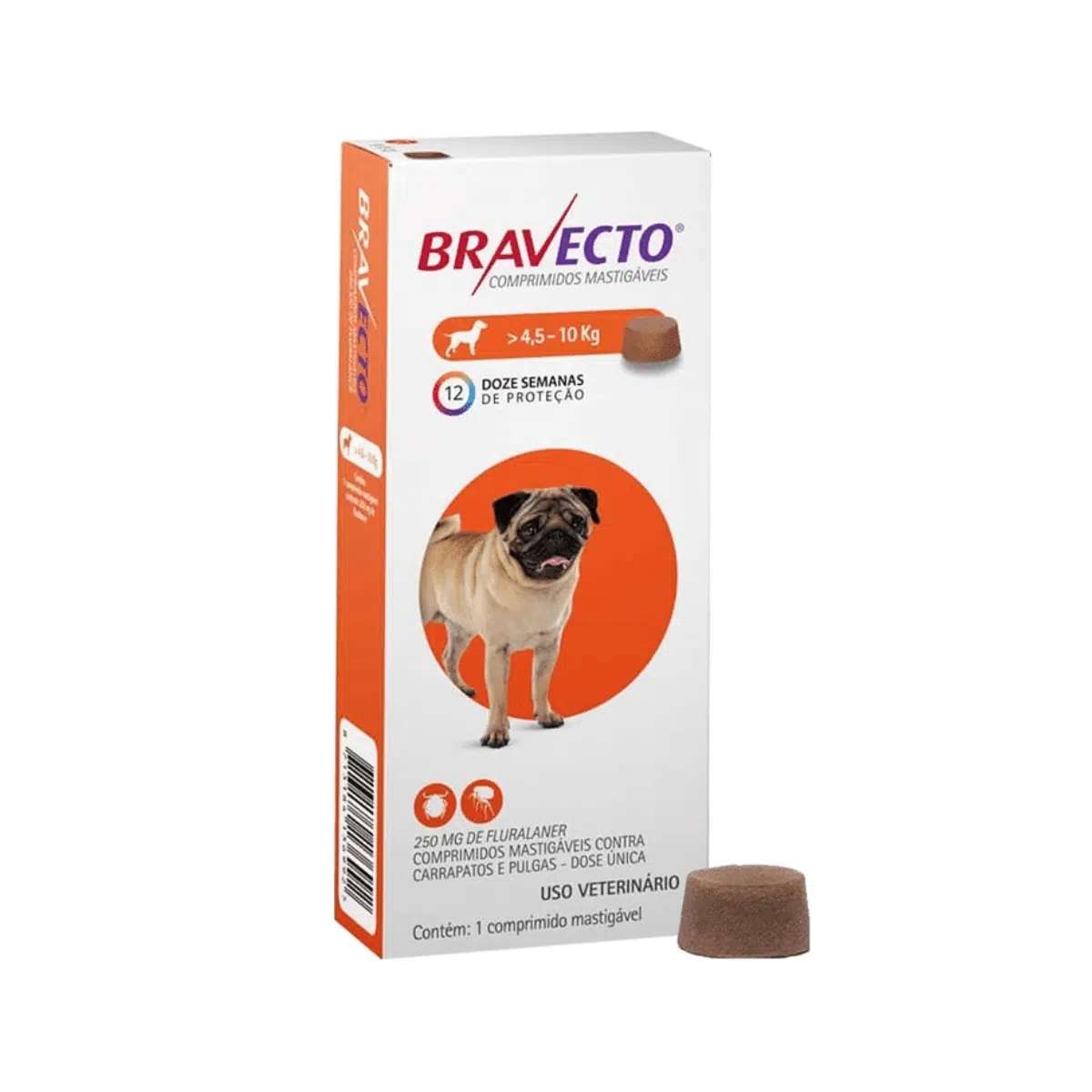Bravecto 250 mg (Fluralaner). Comprimido masticable antiparasitario para perros de 4.5 a 10 kg. Proteccion de 12 semanas.