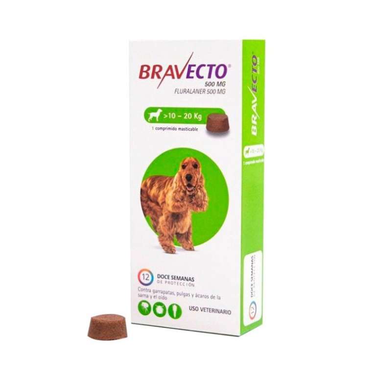 Bravecto 500 mg (Fluralaner). Comprimido masticable antiparasitario para perros medianos de 10 a 20 kg. Ofrece 12 semanas de protección.
