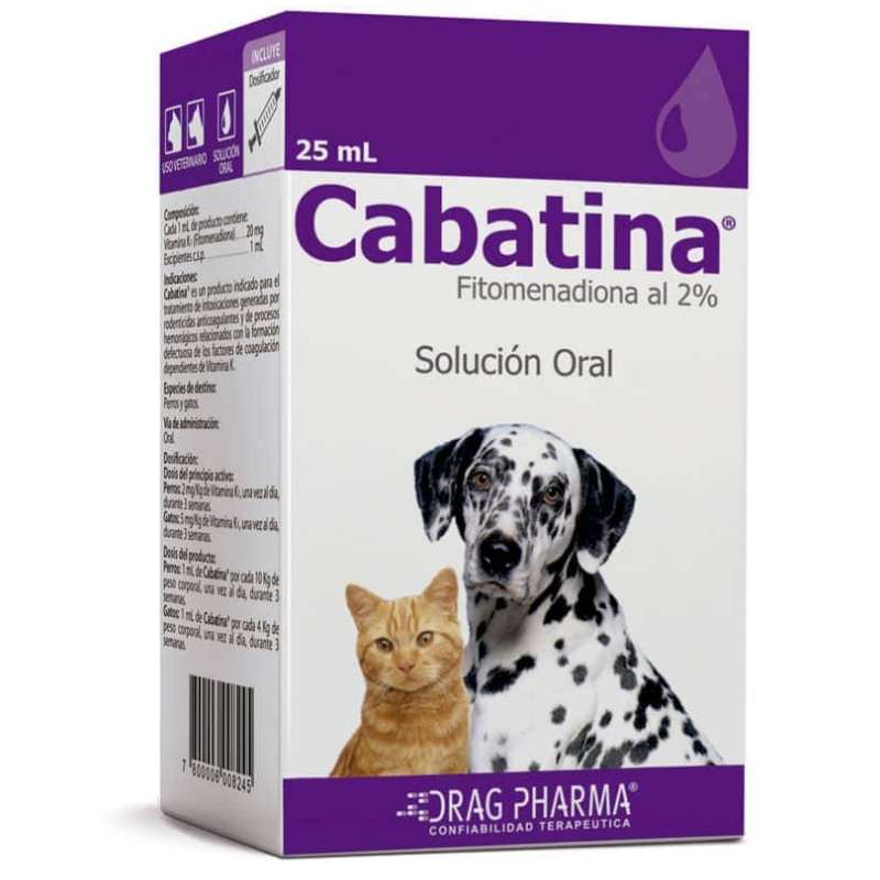 Cabatina Solución Oral 25 mL (Drag Pharma). Antídoto con Vitamina K1 para intoxicación por rodenticidas anticoagulantes en mascotas.