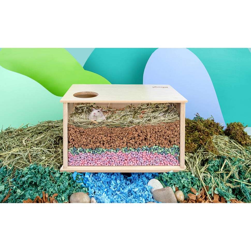 Caja de excavación de madera con panel frontal transparente para hámsters y roedores pequeños.
