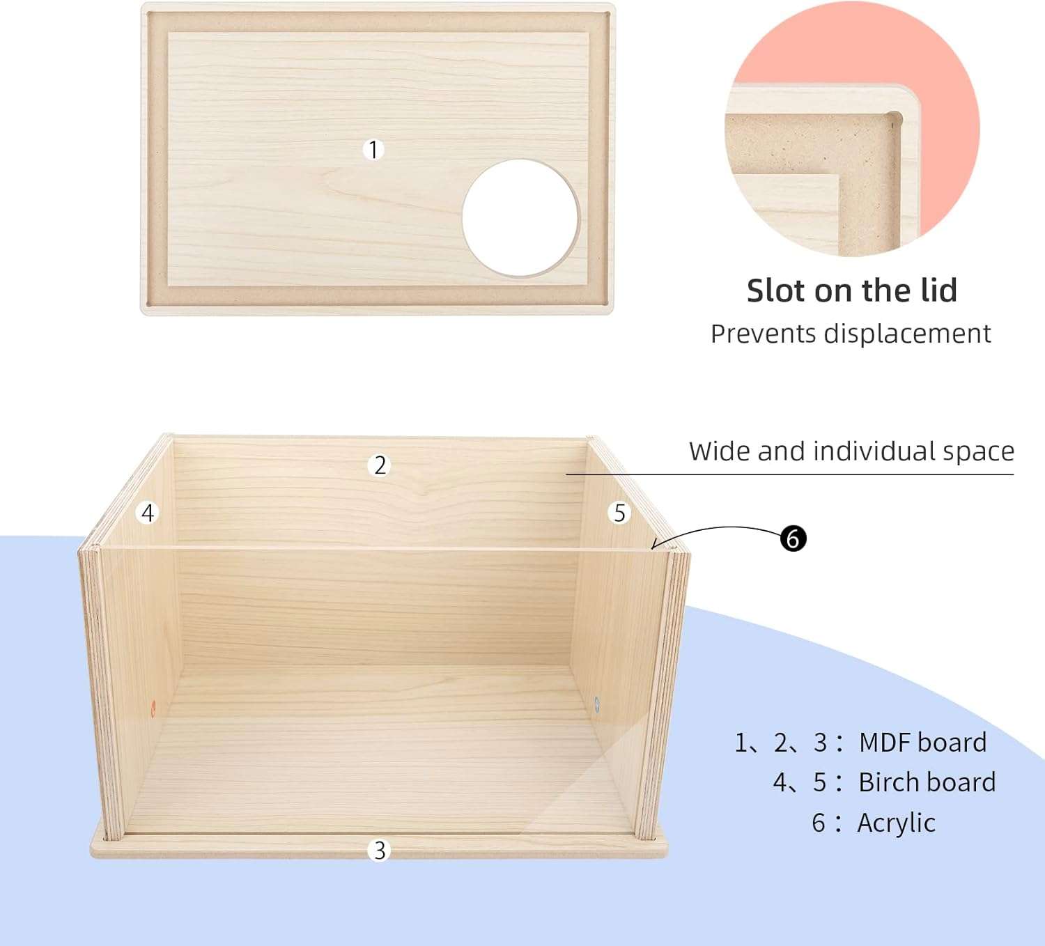 Caja de excavación de madera con panel frontal transparente para hámsters y roedores pequeños.