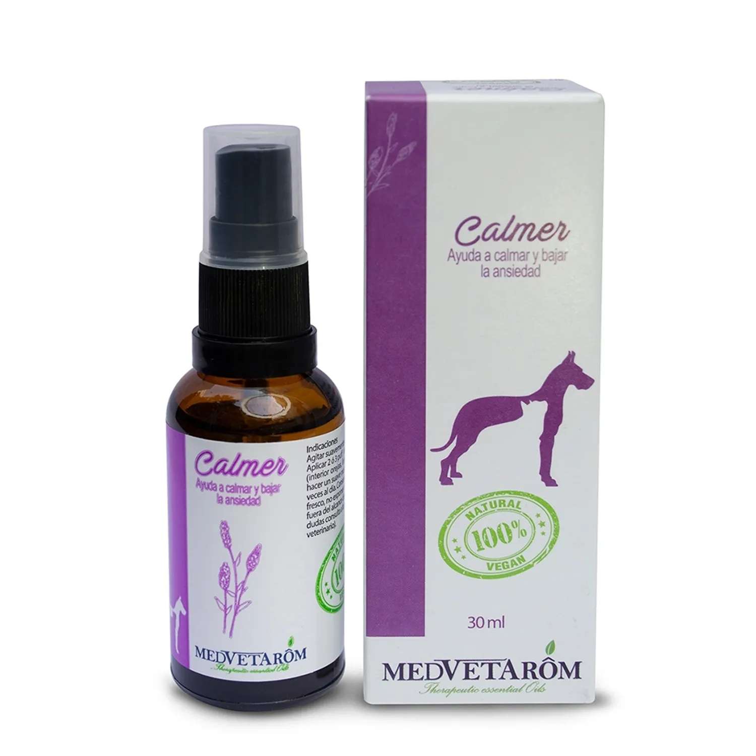 Calmer Spray Medvetarom, calmante natural para perros y gatos. Reduce la ansiedad con aceites esenciales de lavanda y manzanilla para viajes y ruidos.