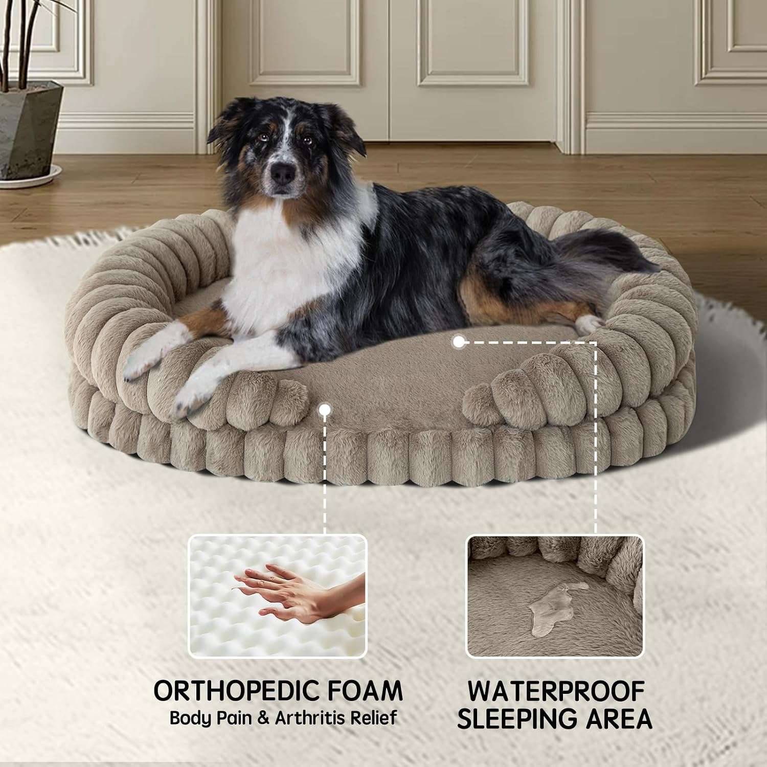 Cama redonda antiestrés para perros grandes, Ø 91 cm. Soporte ortopédico con espuma de alta densidad y capa impermeable.