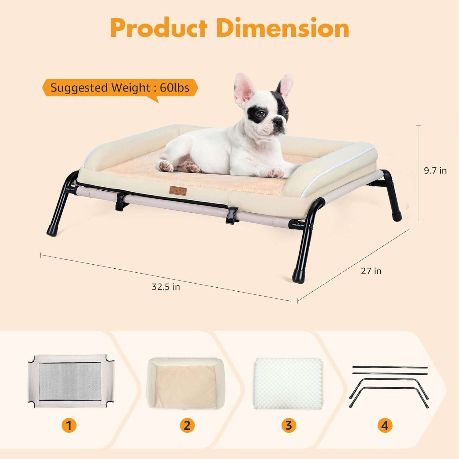 Cama elevada ortopédica 2 en 1 para perro (82x68x24cm). Marco metálico, cojín de espuma Egg Crate extraíble, uso Invierno/Verano.